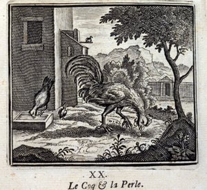 A kakas és a gyöngy. Jean de La Fontaine (1621-95) meséi. Illusztráció: François Chauveau (1613-1676). 1728-as kiadás.