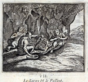 A szatír és az utas. Jean de La Fontaine (1621-95) meséi. Illusztráció: François Chauveau (1613-1676). 1728-as kiadás. alkotó: Francois Chauveau