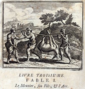 A Balek a fia és a Szamár. Jean de La Fontaine (1621-95) meséi. Illusztráció: Francois Chauveau (1613-1676). 1728-as kiadás.