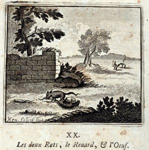 A két patkány, a róka és a tojás. Jean de La Fontaine (1621-95) meséi. Illusztráció: François Chauveau (1613-1676). 1728-as kiadás.