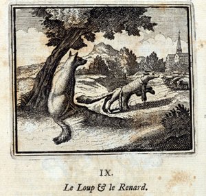A farkas és a róka. Jean de La Fontaine (1621-95) meséi. Illusztráció: François Chauveau (1613-1676). 1728-as kiadás. alkotó: Francois Chauveau