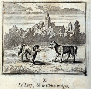 A farkas és a sovány kutya. Jean de La Fontaine (1621-95) meséi. Illusztráció: François Chauveau (1613-1676). 1728-as kiadás.