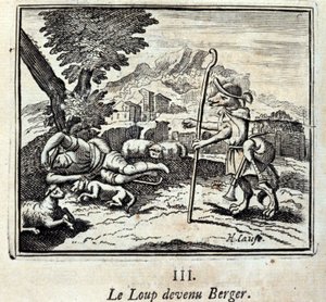 A farkas Berger lett.Jean de La Fontaine (1621-95) meséi. Illusztráció: François Chauveau (1613-1676). 1728-as kiadás. alkotó: Francois Chauveau