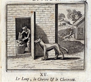 A farkas, a kecske és a kecske. Jean de La Fontaine (1621-95) meséi. Illusztráció: François Chauveau (1613-1676). 1728-as kiadás.