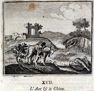 A szamár és a kutya. Jean de La Fontaine (1621-95) meséi. Illusztráció: Francois Chauveau (1613-1676). 1728-as kiadás.