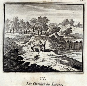 A Lievre füle. Jean de La Fontaine (1621-95) meséi. François Chauveau (1613-1676) illusztrációja. 1728-as kiadás. alkotó: Francois Chauveau