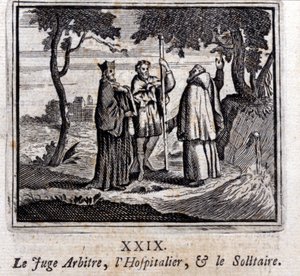 A bíró vezeti a Hospitallert és a Solitaire-t. Jean de La Fontaine (1621-95) meséi. Illusztráció: Francois Chauveau (1613-1676). 1728-as kiadás. alkotó: Francois Chauveau