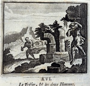 Az áruló és a két férfi. Jean de La Fontaine (1621-95) meséi. Illusztráció: François Chauveau (1613-1676). 1728-as kiadás. alkotó: Francois Chauveau