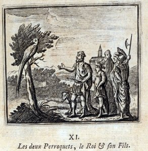 A két papagáj a király és a fia. Jean de La Fontaine (1621-95) meséi. Illusztráció: Francois Chauveau (1613-1676). 1728-as kiadás. alkotó: Francois Chauveau
