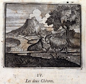 A két kecske. Jean de La Fontaine (1621-95) meséi. Illusztráció: François Chauveau (1613-1676). 1728-as kiadás.