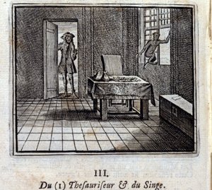 Tezaurizáló és majom. Jean de La Fontaine (1621-95) meséi. Illusztráció: Francois Chauveau (1613-1676). 1728-as kiadás. alkotó: Francois Chauveau