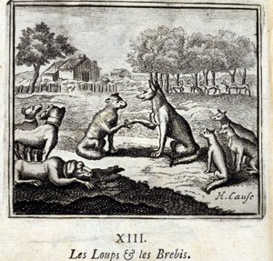 Farkasok és birkák. Jean de La Fontaine (1621-95) meséi. Illusztráció: Francois Chauveau (1613-1676). 1728-as kiadás. alkotó: Francois Chauveau
