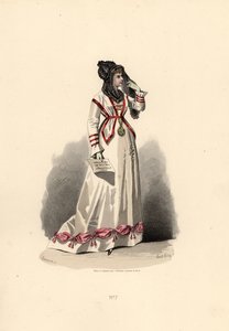 Nő fehér ruhában, rózsaszín bouffants díszítéssel.