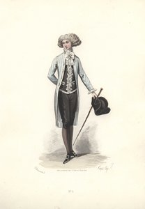 Elegáns férfi csíkos kabátban, Marie Antoinette korszaka.