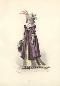 Nő szőrmével bélelt kapucnis kabátban, Marie Antoinette korszakában.