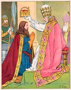 Nagy Károlyt (742-814) III. Leó pápa (c750-816) koronázta meg a római Szent Péter-bazilikában 800. december 25-én - Nagy Károly (742-814) szent (742-814) megkoronázása 800-ban III. Leon pápa által - Francois Zier illusztrációja 1856-1924) az „Our Glory-Nat