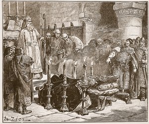 Fitz-Arthur megtiltja Vilmos eltemetését, illusztráció a „Cassell illusztrált Anglia történetéből” (szépia fotó)