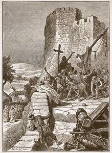 Keresztesek körmenete Jeruzsálem falai körül, illusztráció a „Cassell illusztrált Anglia történetéből” (szépia fotó)