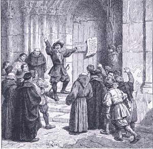 Robert Aske a kiáltványát a York Minster ajtajára ragasztja a Waverley Book Company által kiadott Cassells History of the British People-ből, 1950-es évek körül (litho)