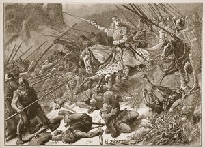 A walesekkel harcoló „Merciusok hölgye”, illusztráció a „Cassell Illustrated History of England” című művéből (szépia fotó) alkotó: Francois Edouard Zier