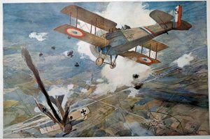 Első világháború „” Légiharc”” Az ellenséges repülőgép lángba borul. Francois Flameng (1856-1923) akvarellfestménye 1918 Magángyűjtemény alkotó: Francois Flameng
