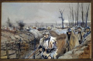 Első világháború: „” Souchez látképe (Artoisban), egy árok 1915.12.18-án”” Francois Flameng (1856-1923) akvarell festménye 1915. december V. 0,3x0,48 m Párizs, musee de l