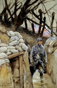 I. világháború: „” A leveskorvék katonája a lövészárokban Notre-Dame-de-Lorette 1915.06.28”” Francois Flameng (1856-1923) akvarell festménye 1915. június V. 0,3x0,48 m Párizs, Musee de l