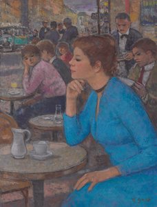 Eugenie kék ruhában a "Deux Magots"-ban, Párizs, 1980 körül (olaj, vászon) alkotó: Francois Gall