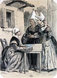 Csipkeverők a normandiai Caenből, a „La Normandie Illustree”-ből, Charpentier metszetében, Nantes-ban 1852-ben megjelent (színes litho) alkotó: Francois Hippolyte (after) Lalaisse