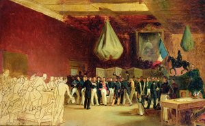 A képviselőház a királyi palotában bemutatja I. Lajos Fülöp (1773-1850) orléans-i hercegnek a trónra hívó aktust és az 1830-as Chartát a királyi palotában, 1830. augusztus 7-én.