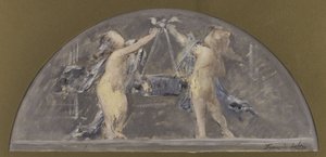 Vázlat a párizsi Hôtel de Ville de Paris ebédlőjéhez, két gyermek együtt emel egy nagy dobozt.