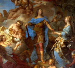 „XV. Lajos király (1710-1774), aki békét ad Európának” részlete” A sevillai békeszerződés idején Minerva istennőt ábrázolják. Francois le Moyne (1688-1737) festménye 1729 V. 3,82x2,95 m – XV. Lajos király (1710-1774) bringin részlete