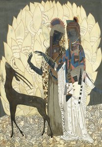 Két stilizált nő egy antiloppal lombok között, 1928 körül (lakk és coquille d