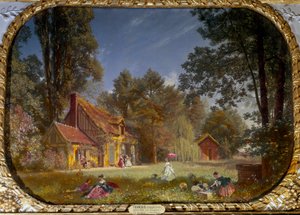 Kilátás Chantilly falucskájára. Jean Francois Leroy építész által Conde hercegének épített épület 1772 és 1774 között. Francois Louis Francais festménye (1814 - 1897)