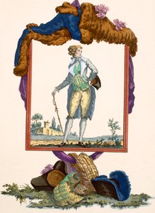 Fiatal férfi fehér selyemkabátban, festett mellényben, Dupin metszetével, 265-ös tábla a „Galeries des Modes et Costumes Francais”-ból, 1778-87 körül alkotó: Francois Louis Joseph Watteau