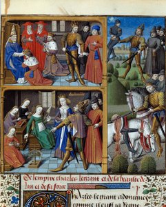 Jelenetek Nagy Károly király (742-814) életéből. Miniatúra Vincent de Beauvais (1184/94-1264) „Speculum historiale” (Le Mirror historial) kéziratából, amelyet Francois mester (15. század) világított meg. Chantilly, Conde
