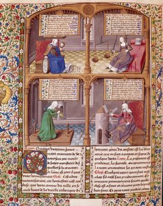 A négy kardinális vírus: óvatosság, erő, kontinencia és igazságosság. Az oldal Seneque (Lucius Annaeus Seneca, i. e. 4-65. JC), a sztoikus iskola filozófusa, drámaíró és római államférfi, Francois mester által megvilágított kéziratából vett oldal.