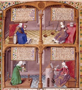 A négy kardinális vírus: óvatosság, erő, kontinencia és igazságosság. Az oldal Seneque (Lucius Annaeus Seneca, i. e. 4-65. JC), a sztoikus iskola filozófusa, drámaíró és római államférfi, Francois mester által megvilágított kéziratából vett oldal.