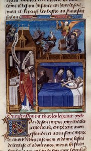 Nagy Károly (742-814) halála. Miniatúra Vincent de Beauvais (1184/94-1264) „Speculum historiale” (Le Mirror historial) kéziratából, amelyet Francois mester (15. század) világított meg. Chantilly, Conde Múzeum
