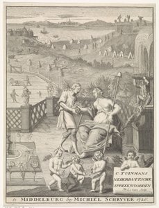 A holland szűz virágot kap egy kertésztől Címlap: Carolus Tuinman, A (...) Nederduitsche közmondások eredete és értelmezése, 1726. alkotó: Francois Morellon la Cave