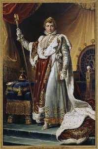 I. Bonaparte Napóleon császár (1769-1821) portréja koronázási jelmezben. (I. Bonaparte Napóleon császár portréja koronázási ruhájában). Francois Pascal Simon festménye, báró Gerard (1770-1837), olaj, vászon, 1804 körül. Francia művészet alkotó: Baron François Pascal Simon Gérard