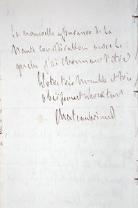 Levél az író aláírásával, amelyet Frankfurtban írt útban Chateaubriand új berlini miniszteri megbízotti posztjára, 1821. január 7-én (toll és tinta, papír). alkotó: Francois Rene Vicomte de Chateaubriand