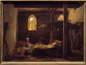 Piroska Charles Perrault meséjének illusztrációja: Piroska a farkas előtt, mint nagymama. Francois Richard Fleury (1777-1852) festménye 19. század V. 0,35x0,47 m . alkotó: Francois Richard Fleury