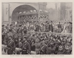 A cári körmenet a Granovitaya Palatáról, hogy belépjen a Nagyboldogasszony-székesegyház kapujába (litho)