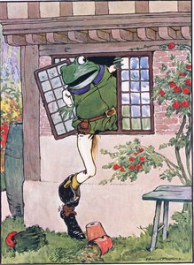 Béka az ablakon át mászott, illusztráció a "The Frog would a Wooing Go"-ból, írta Charles H. Bennett, 1916.