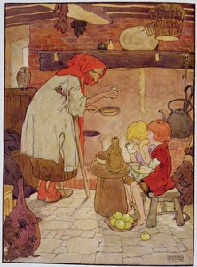 Hanselt és Juliskát a boszorkány eteti, illusztrációja a „The Beautiful Book of Nursery Rhymes, Stories and Pictures” című könyvből, Frank Adams, kiadó: Blackie und Son