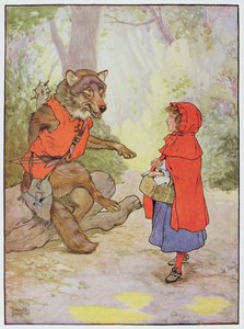 Piroska és a farkas, illusztráció a „Számos mondókák, történetek és képek könyvéből”, Frank Adams, kiadó: Blackie and Son