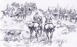 Bullers lovasság és tüzérség előrenyomulva Bergendalon, illusztráció: Pretoria után: A gerillaháború, 1902