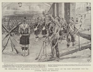 A Gordon Highlanders hazatérése, Mathias ezredes, aki elküldi az első különítményt a Liverpool Docksból Edinburghba