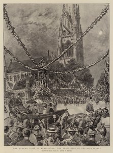 A királynő látogatása Kensingtonban, a körmenet a High Streeten alkotó: Frank Dadd